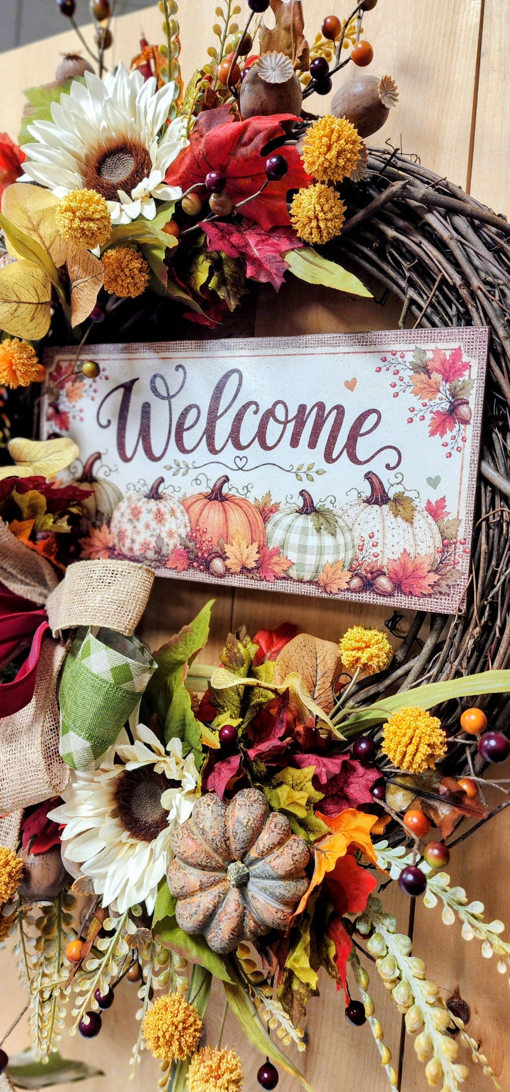 Round Fall Floral Grapevine Wreath with Sign and Large Bow