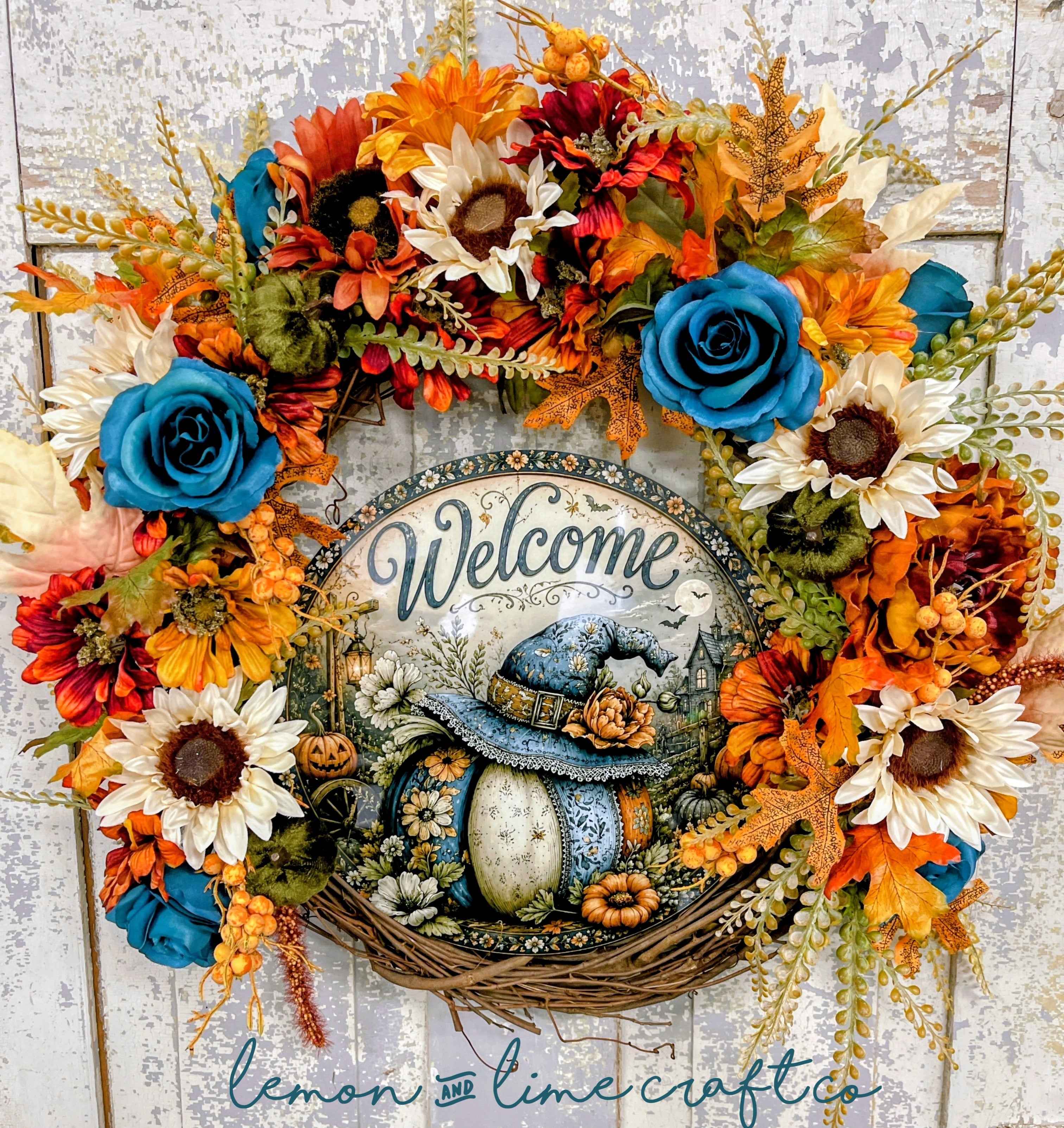 Welcome Witchy Pumpkin Falloween Floral Grapevine Wreath