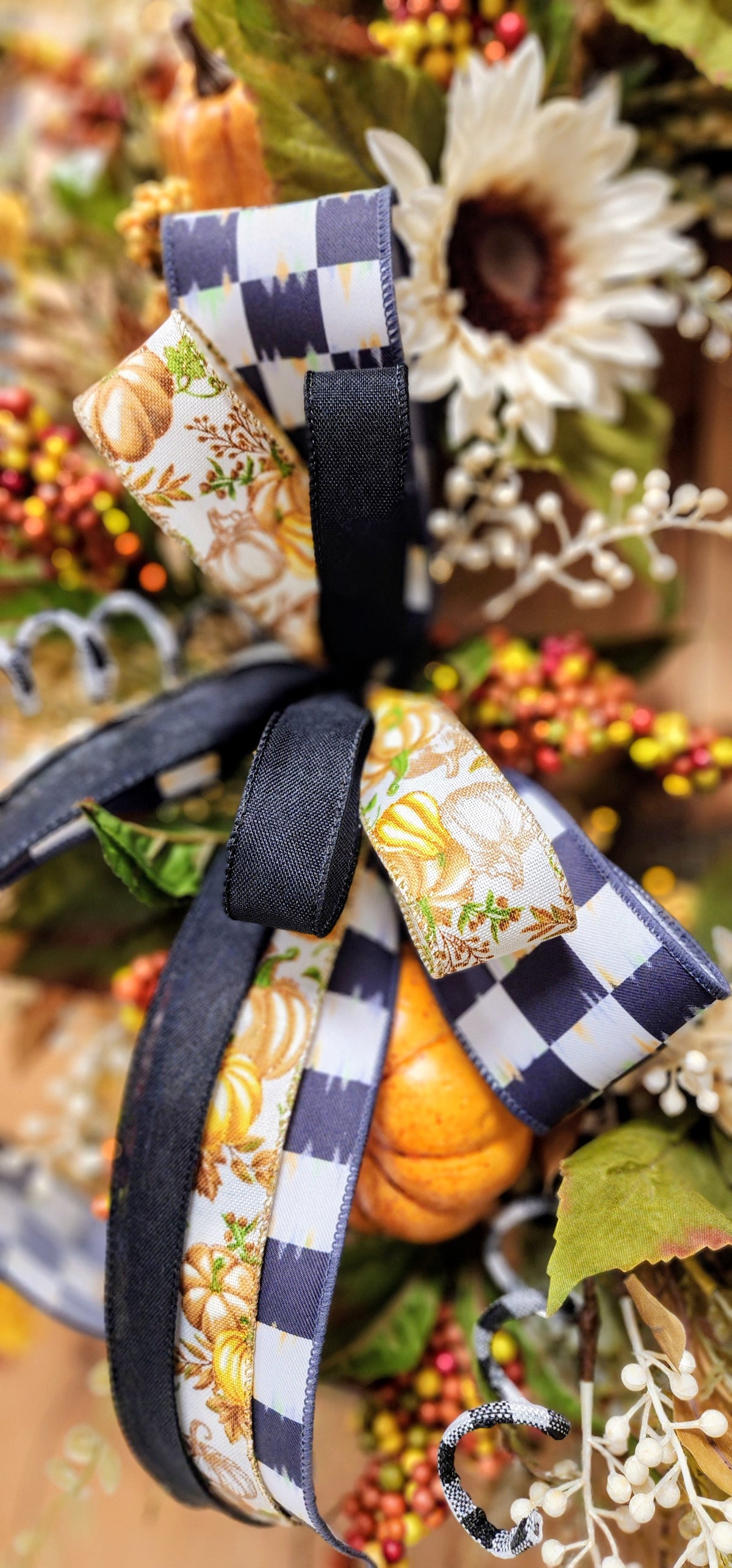 Black and White Plaid Fall Floral Grapevine Wreath with Bow