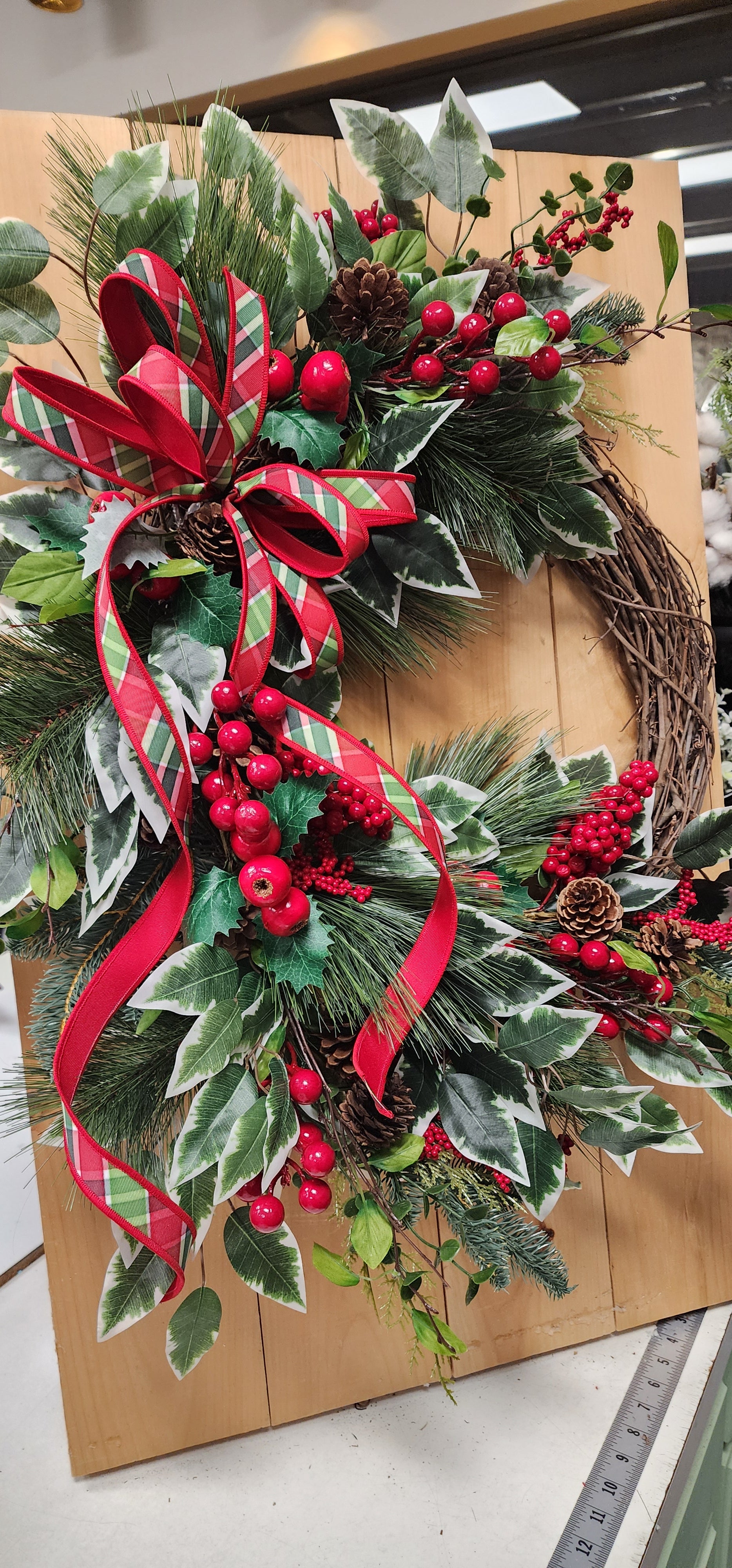 Large Christmas Grapevine Wreath with Designer Ribbon Bow