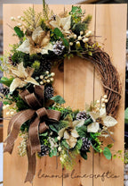 Warm Winter Chocolate & Gold Poinsettia Grapevine Wreath
