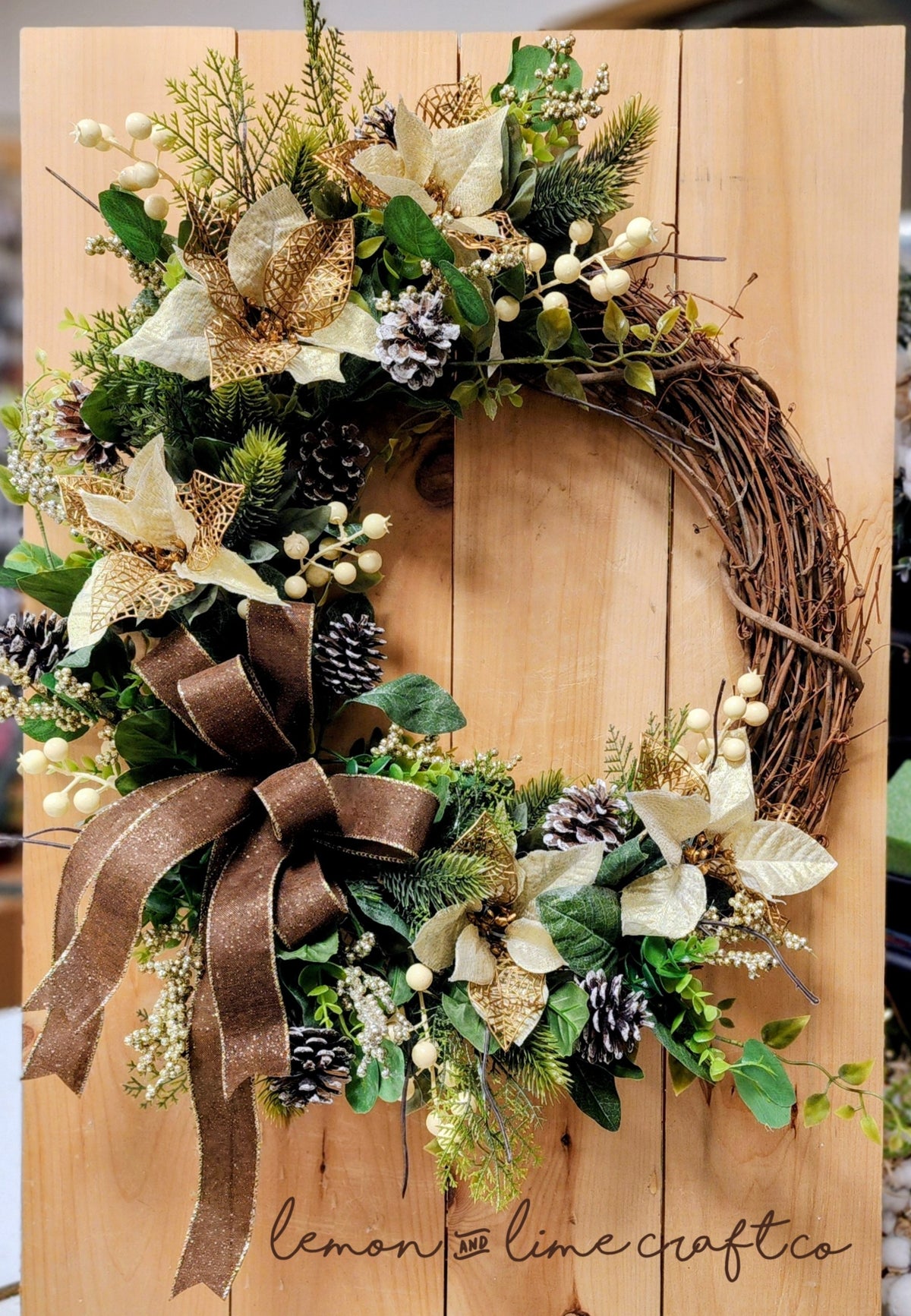 Warm Winter Chocolate & Gold Poinsettia Grapevine Wreath
