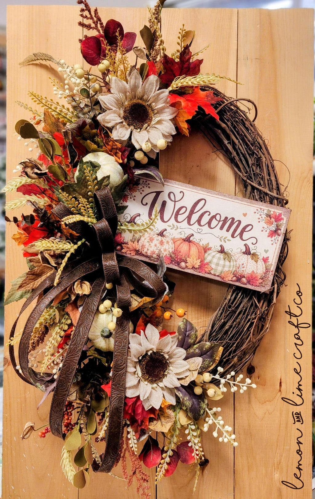 Oval Burlap Accent Fall Floral Grapevine Wreath