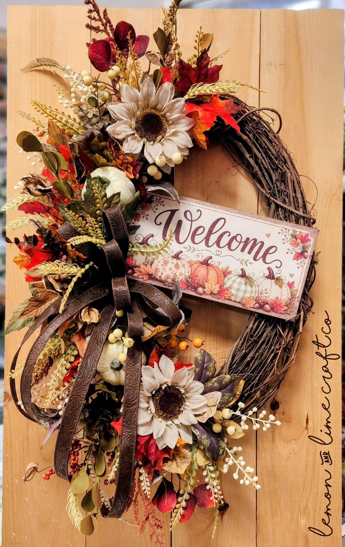 Oval Burlap Accent Fall Floral Grapevine Wreath