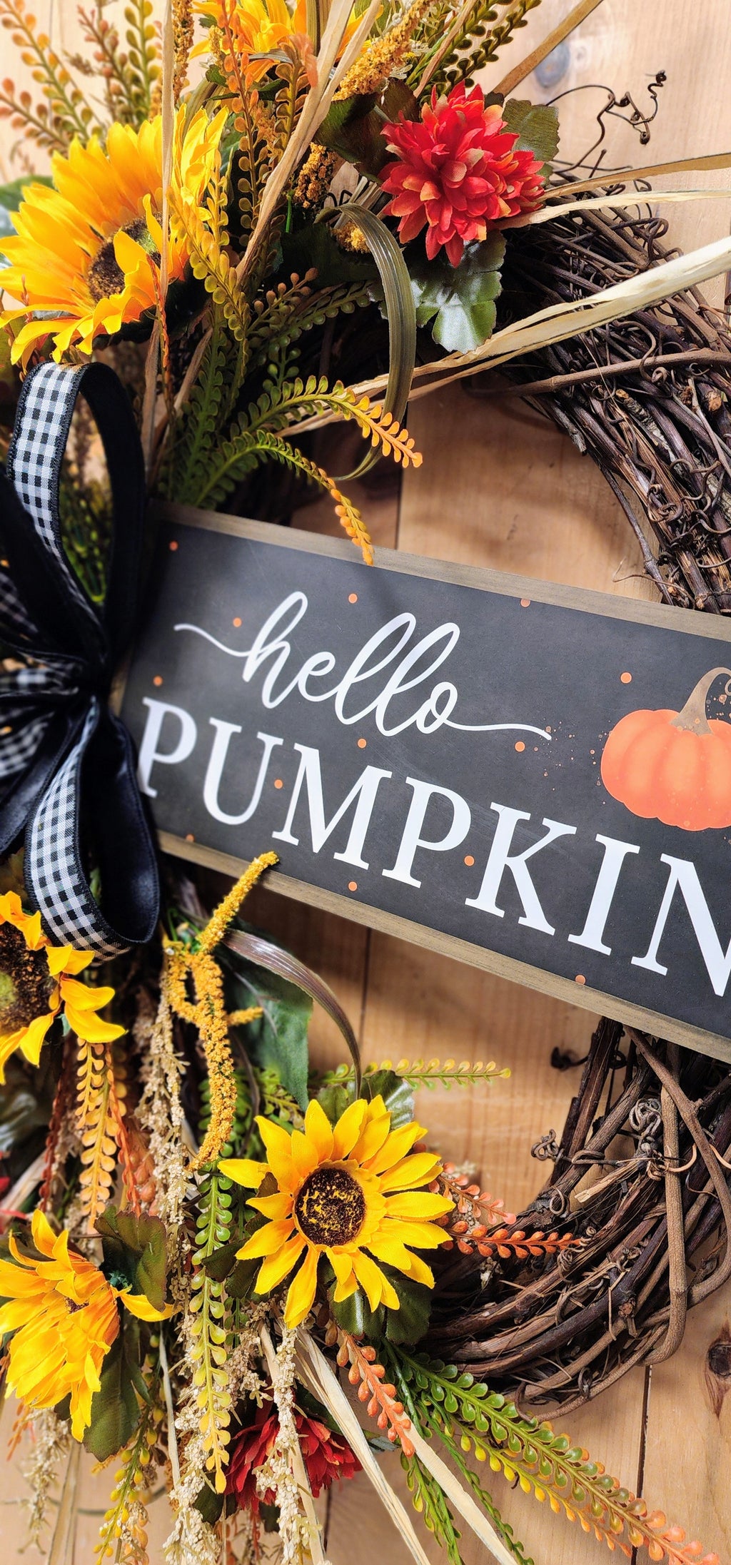 Hello Pumpkin Fall Floral Grapevine Wreath with Plaid Bow