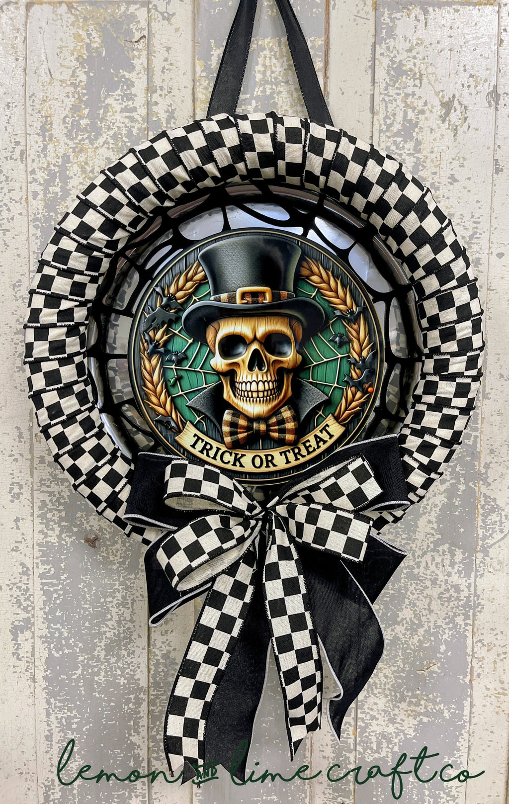 Skull Trick or Treat Halloween Ribbon Wrapped Wreath