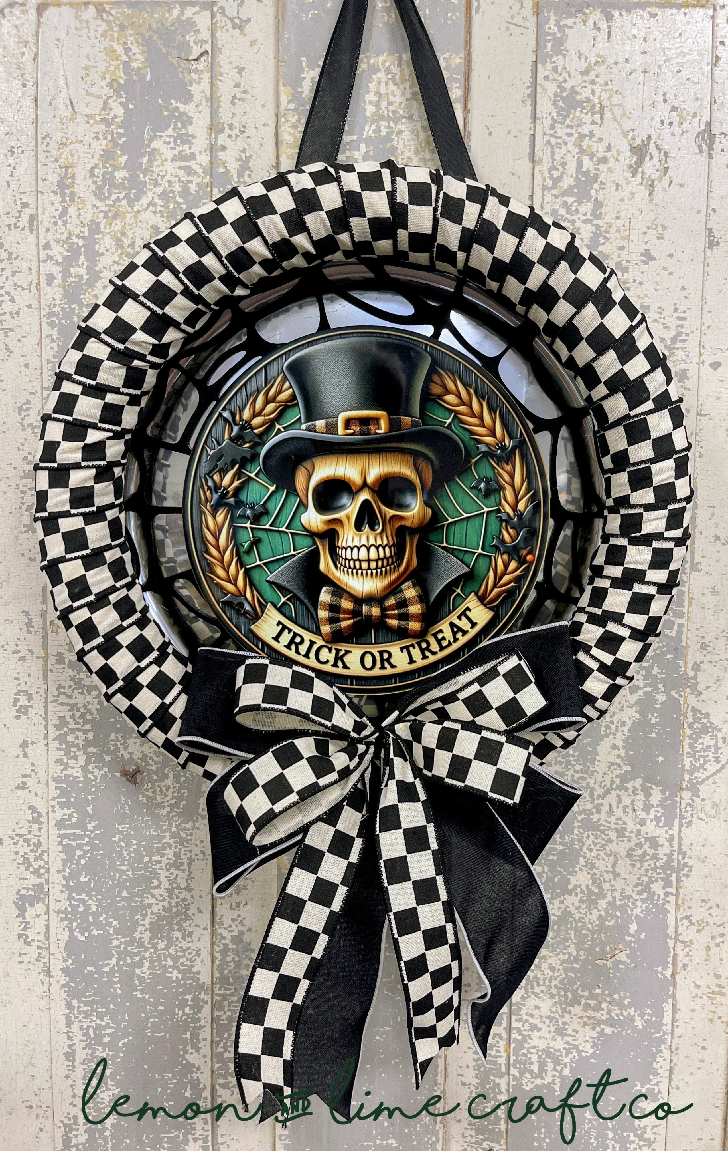 Skull Trick or Treat Halloween Ribbon Wrapped Wreath