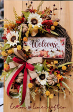 Round Fall Floral Grapevine Wreath with Sign and Large Bow