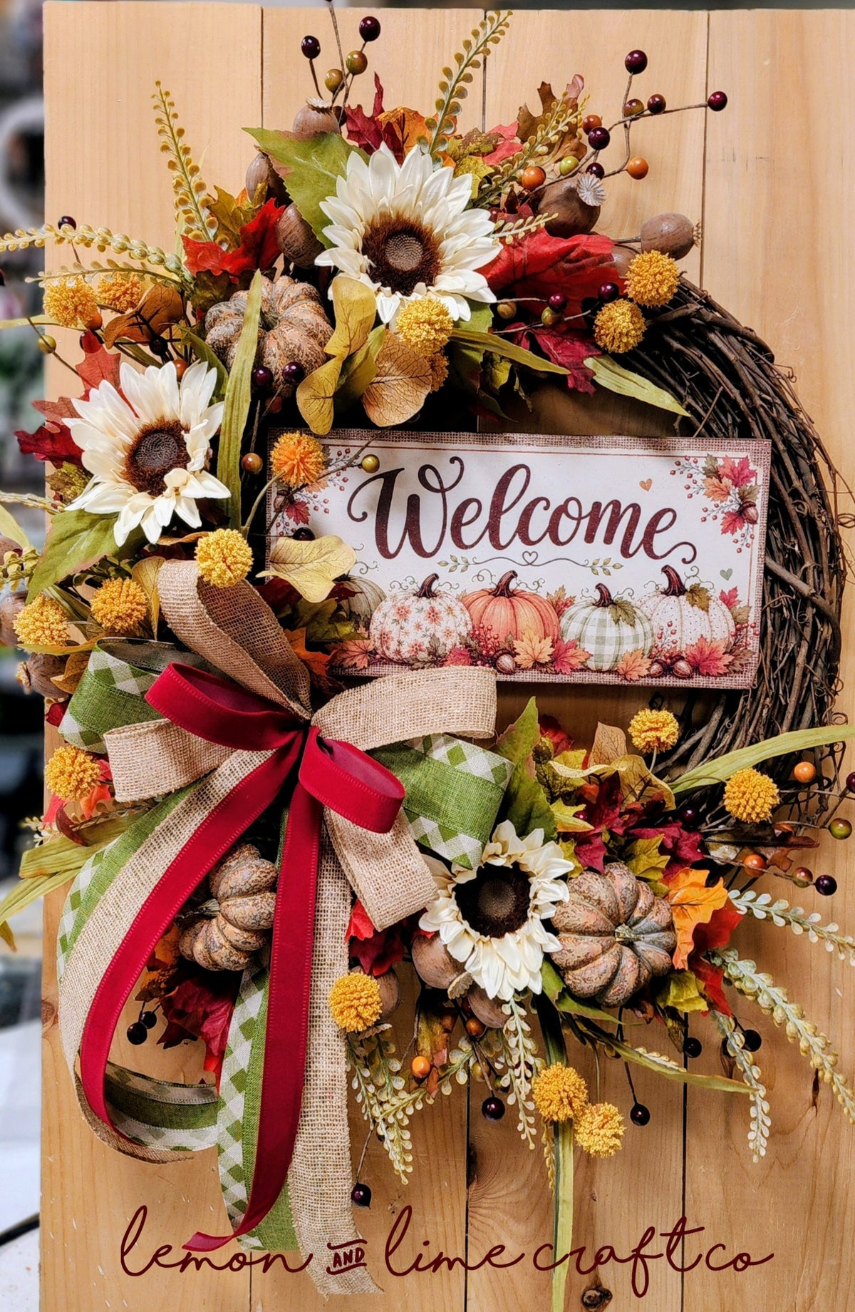 Round Fall Floral Grapevine Wreath with Sign and Large Bow