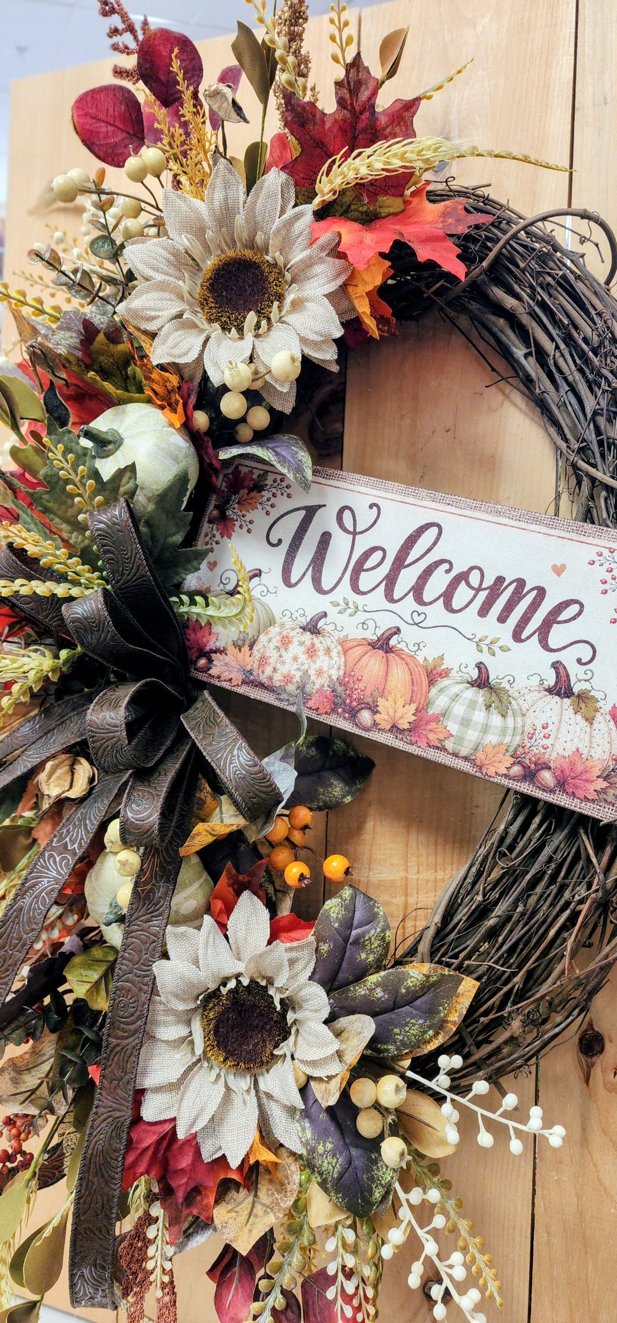Oval Burlap Accent Fall Floral Grapevine Wreath