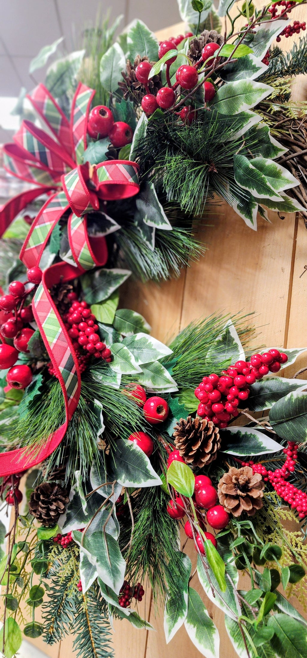 Large Christmas Grapevine Wreath with Designer Ribbon Bow