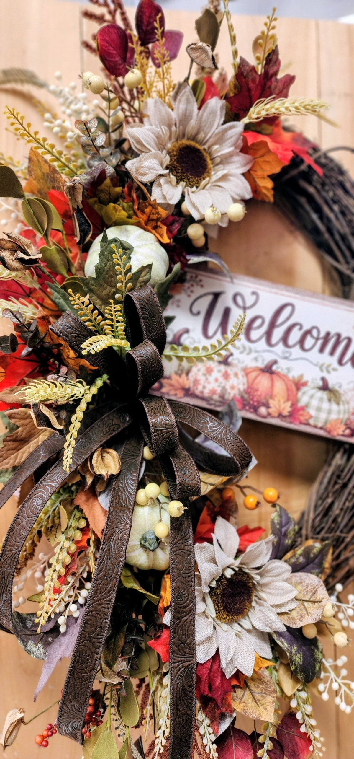 Oval Burlap Accent Fall Floral Grapevine Wreath