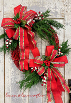 Red and Green Holiday Wreath with Double Bow and Berries