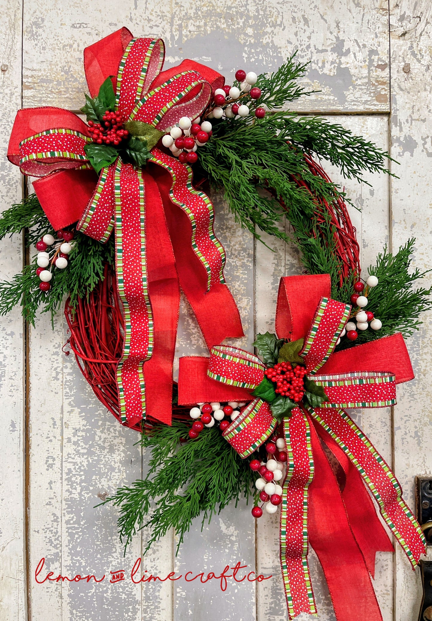 Red and Green Holiday Wreath with Double Bow and Berries