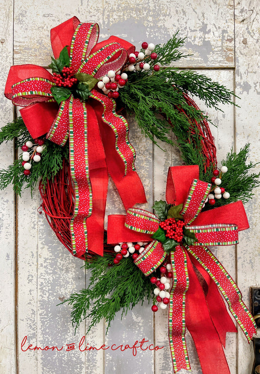 Red and Green Holiday Wreath with Double Bow and Berries