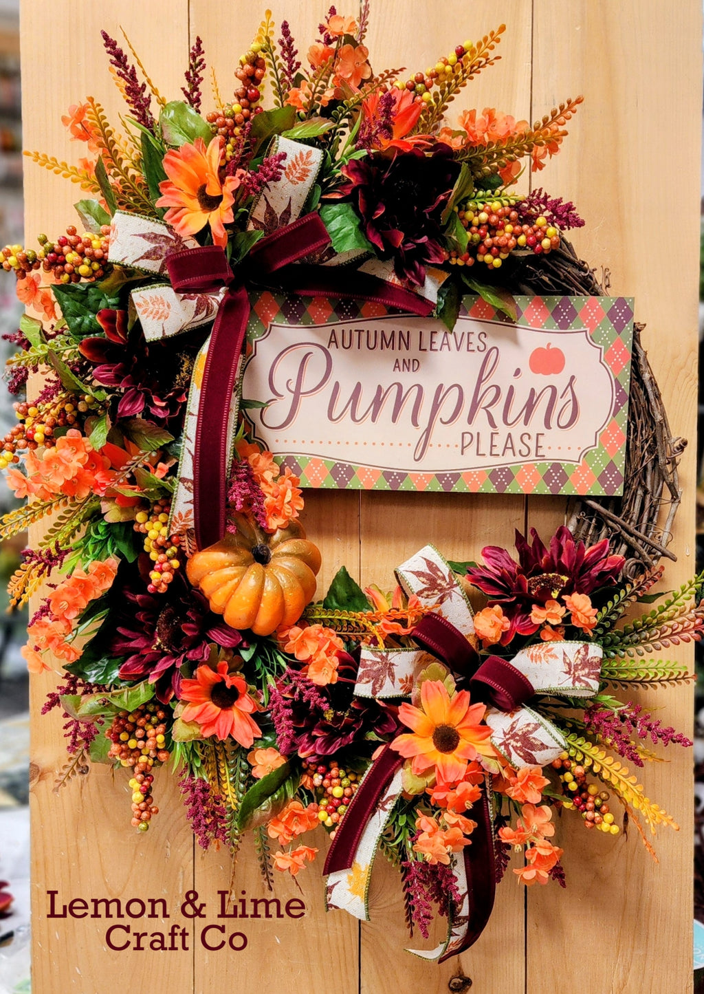 Orange and Maroon Fall Floral Grapevine Wreath