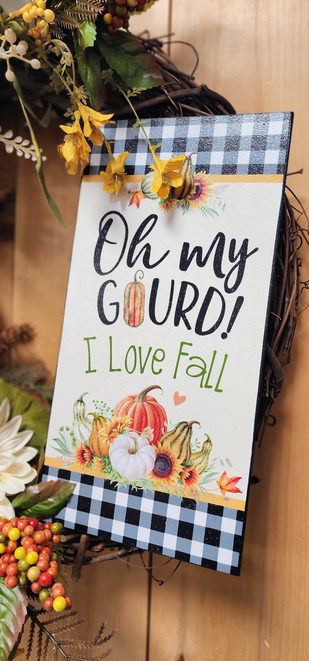 Black and White Plaid Fall Floral Grapevine Wreath with Bow