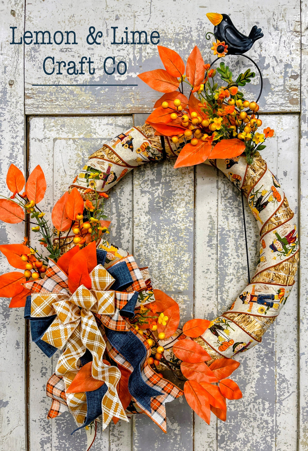 Fall Ribbon Wrapped Blackbird Wreath