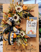 Black and White Plaid Fall Floral Grapevine Wreath with Bow