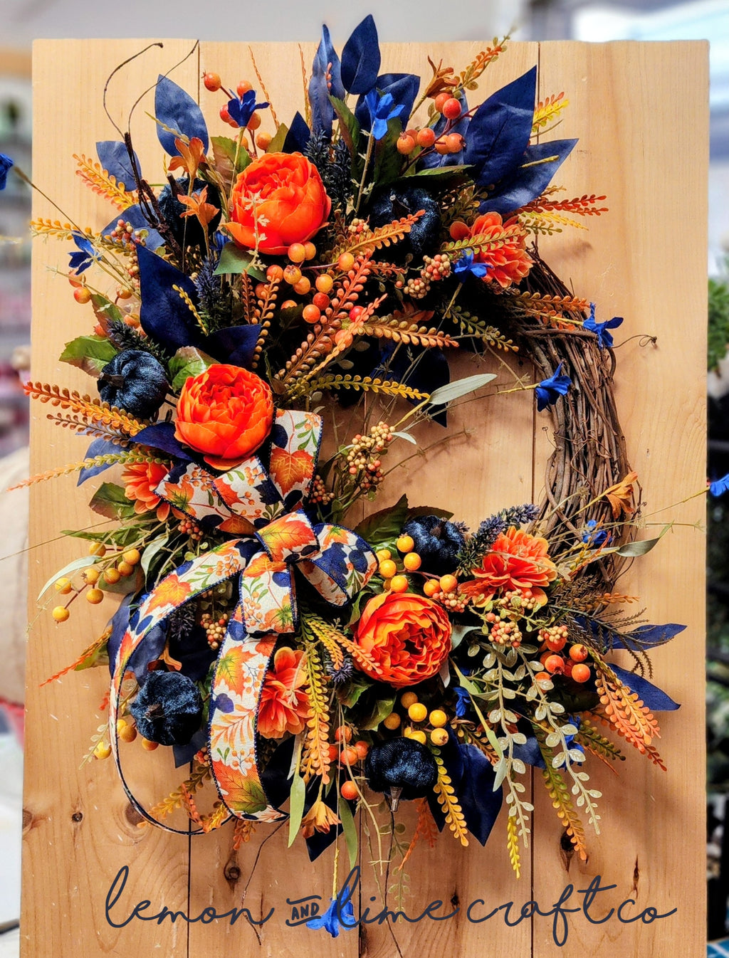 Blue & Orange Fall Floral Grapevine Wreath