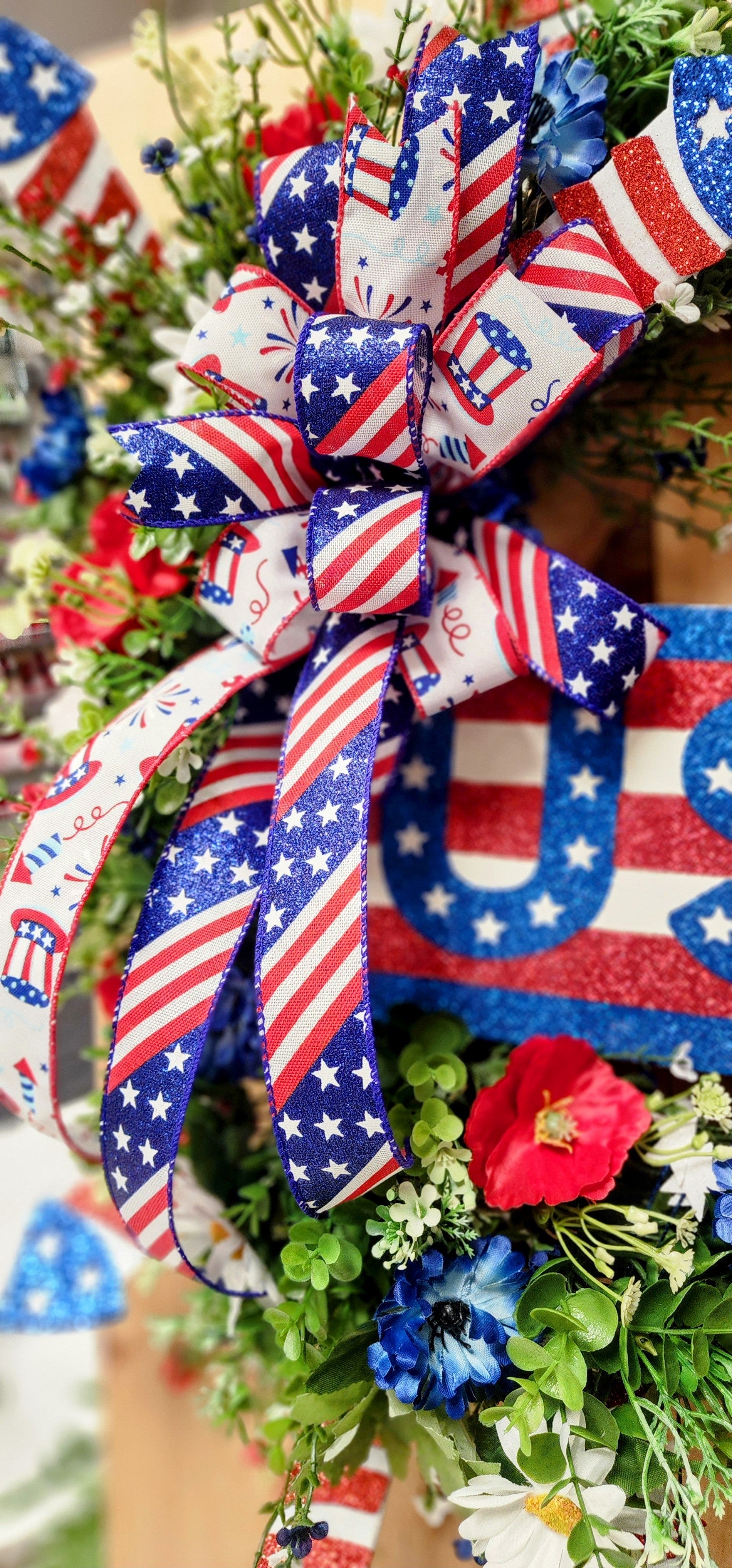Patriotic Floral and Firework Grapevine Wreath