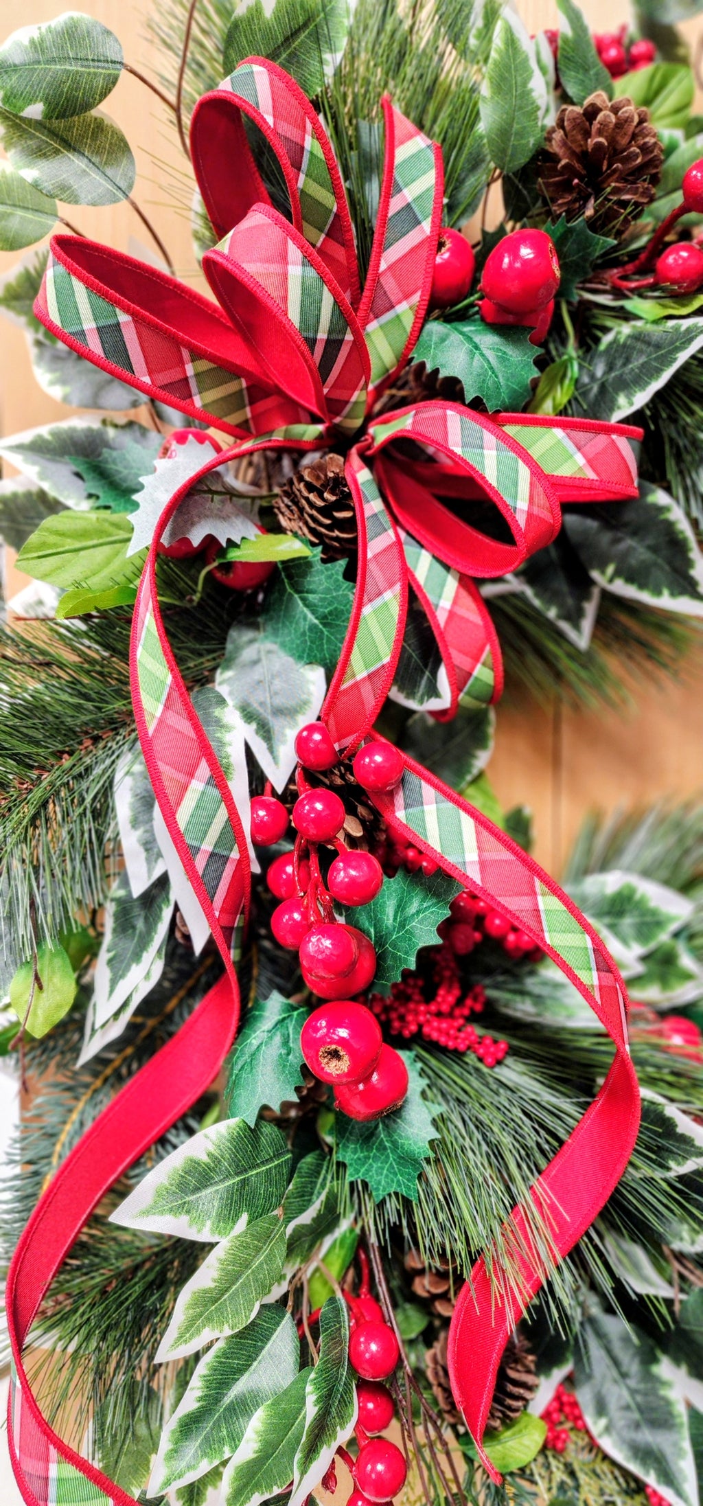 Large Christmas Grapevine Wreath with Designer Ribbon Bow