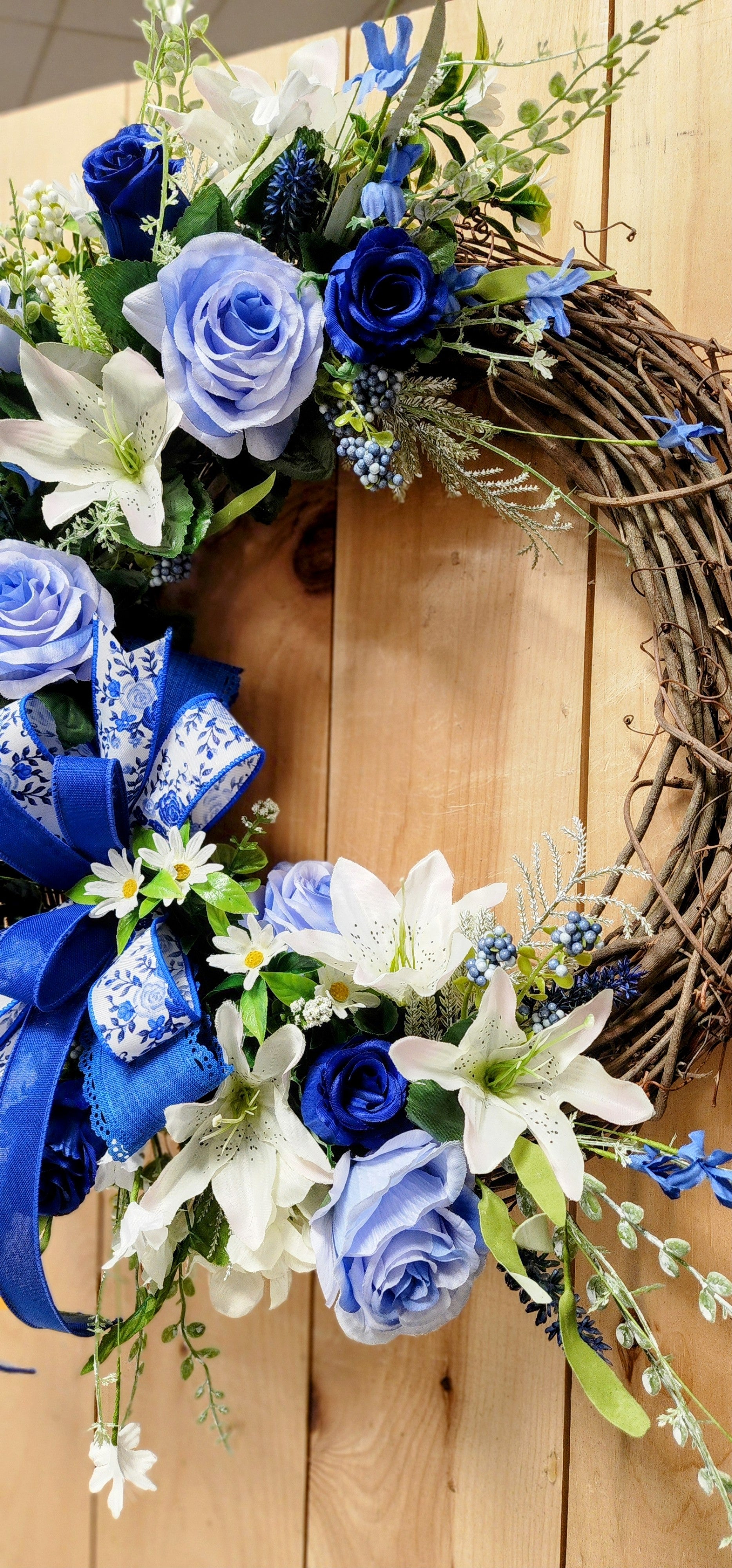 Blue Rose Floral Grapevine Wreath