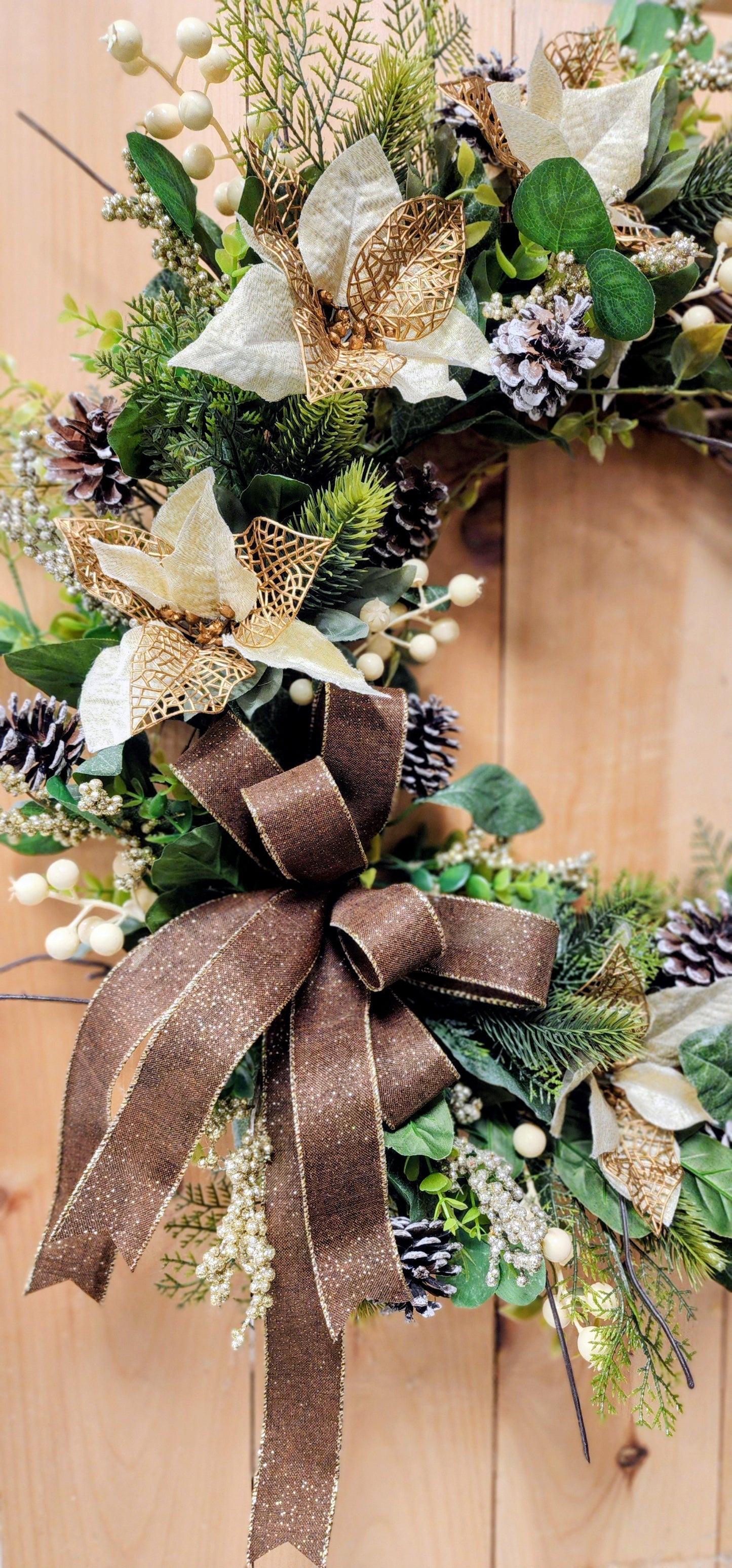 Warm Winter Chocolate & Gold Poinsettia Grapevine Wreath
