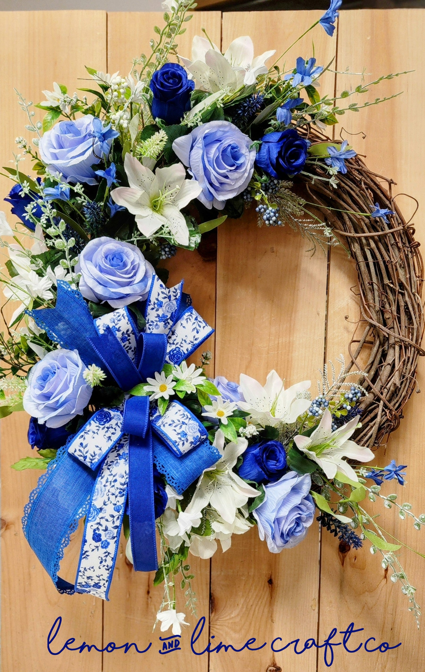 Blue Rose Floral Grapevine Wreath