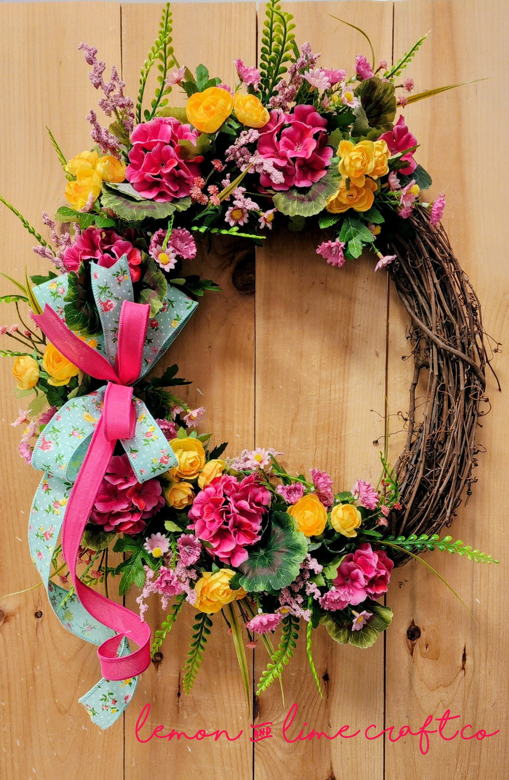 Pink Geranium Floral Grapevine Wreath