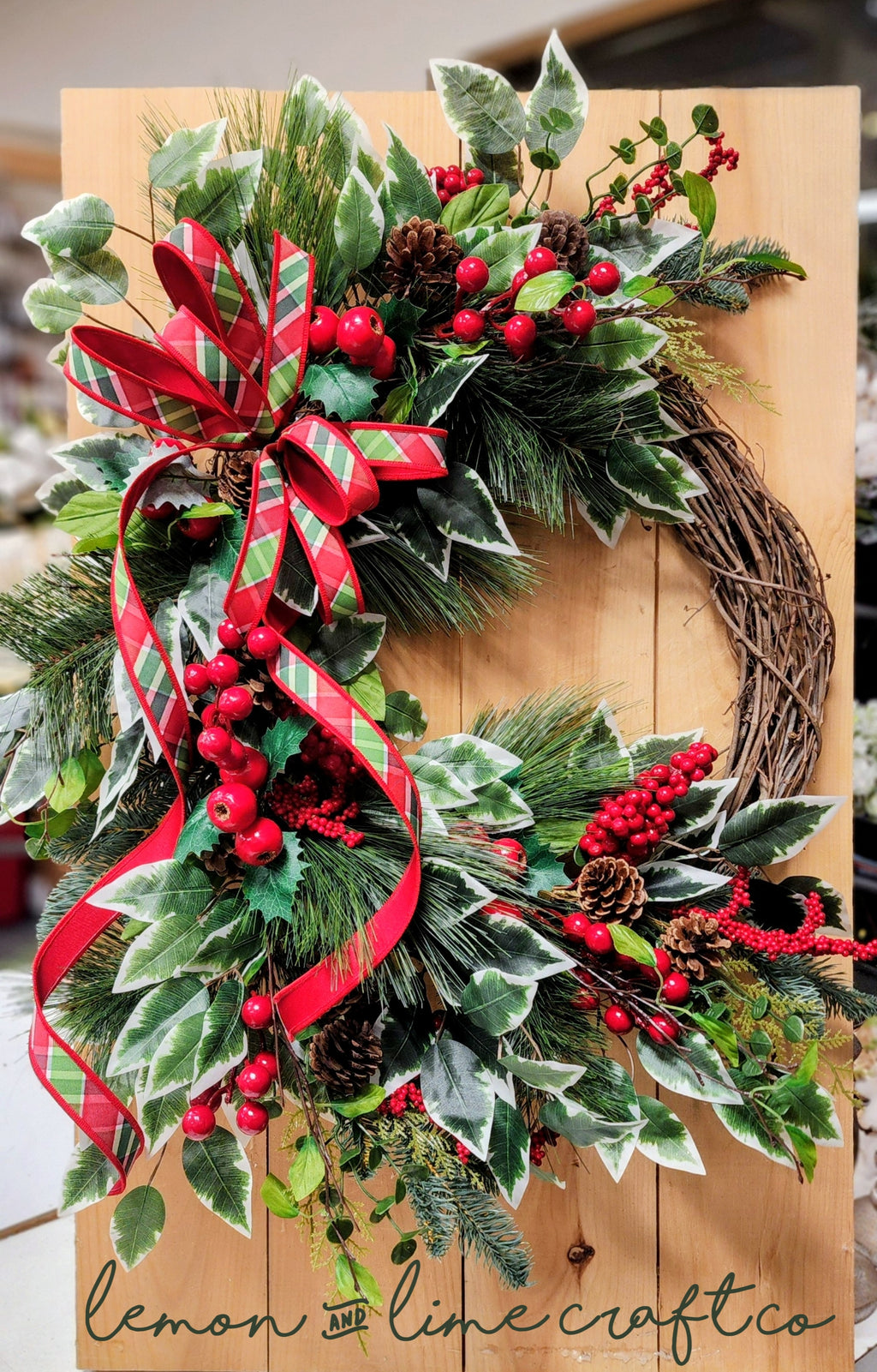 Large Christmas Grapevine Wreath with Designer Ribbon Bow