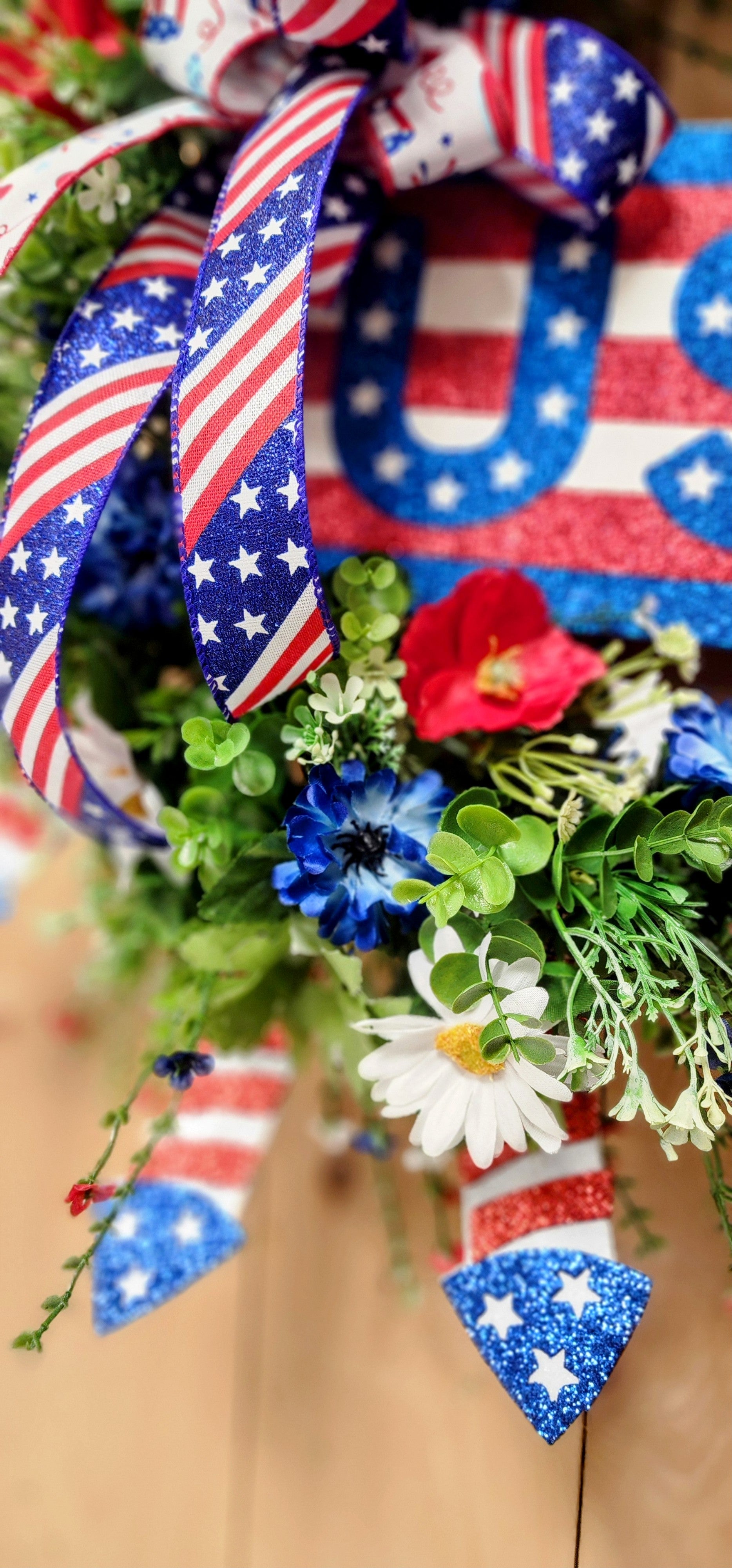 Patriotic Floral and Firework Grapevine Wreath