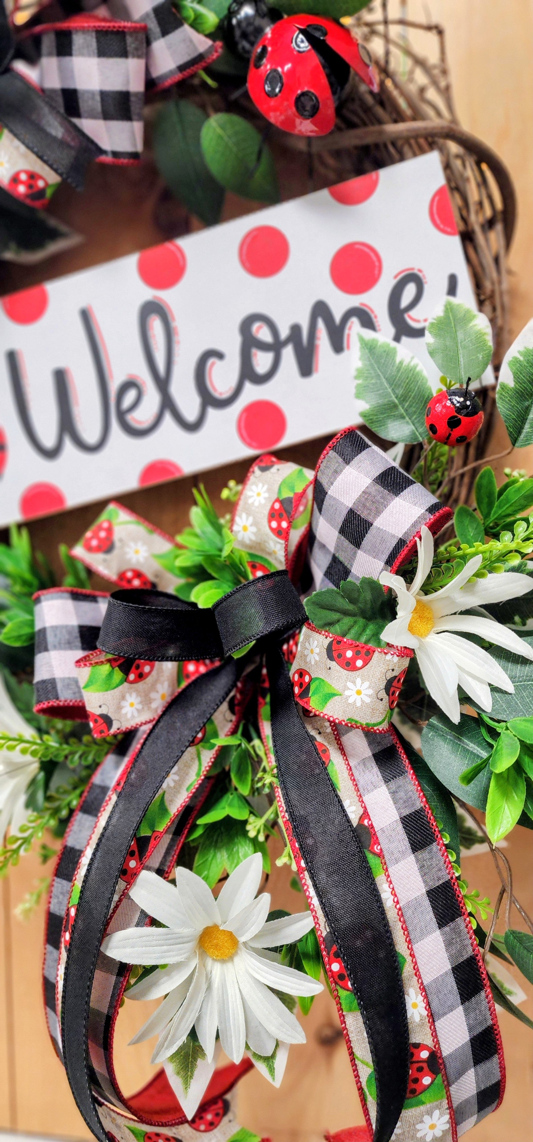 Large Ladybug Grapevine Wreath with Double Bows