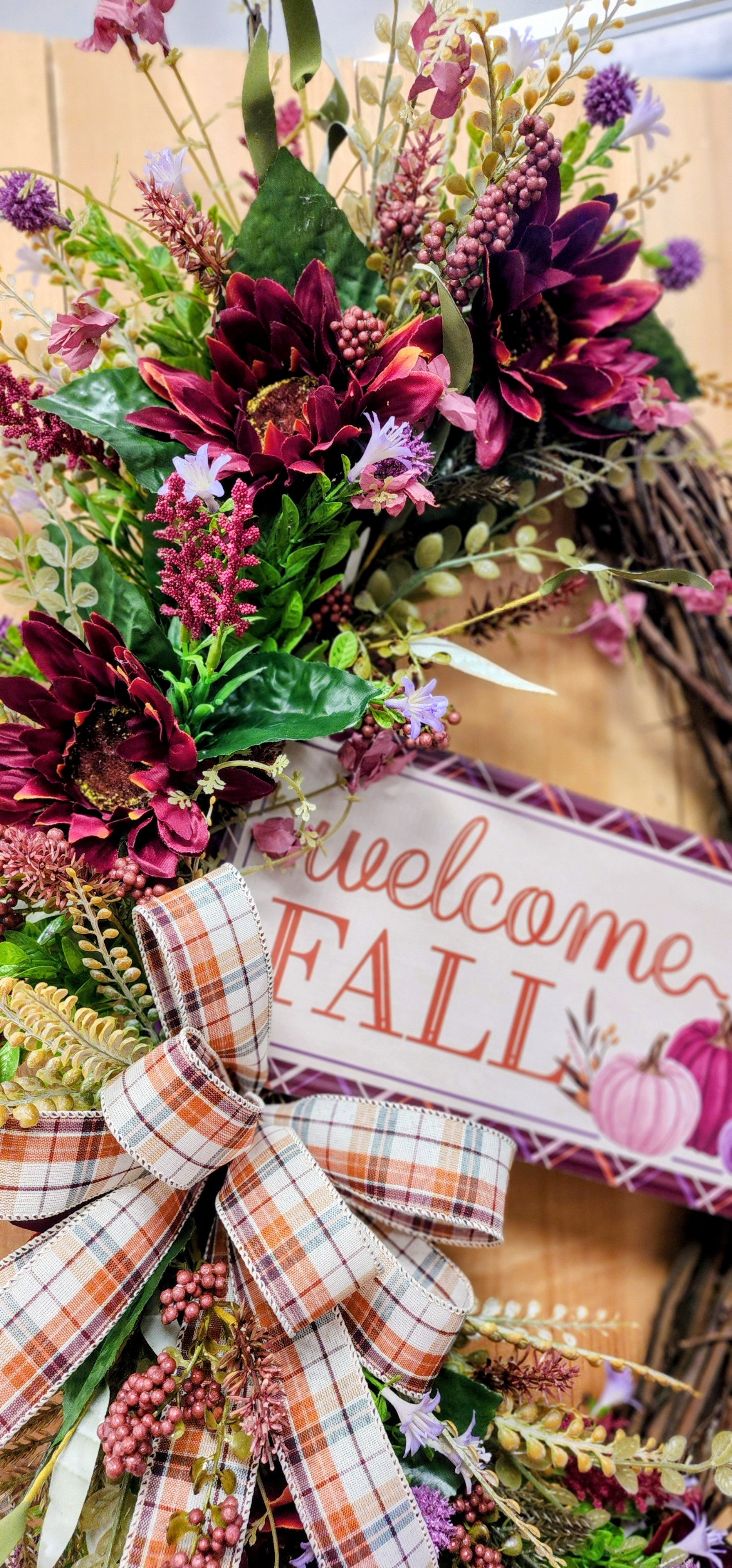 Purple & Burgundy Fall Floral Grapevine Wreath
