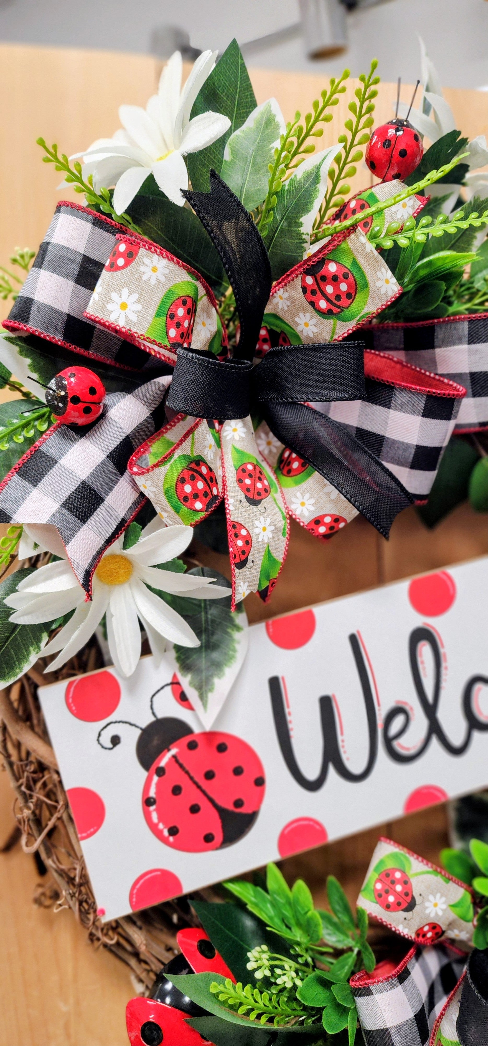 Large Ladybug Grapevine Wreath with Double Bows