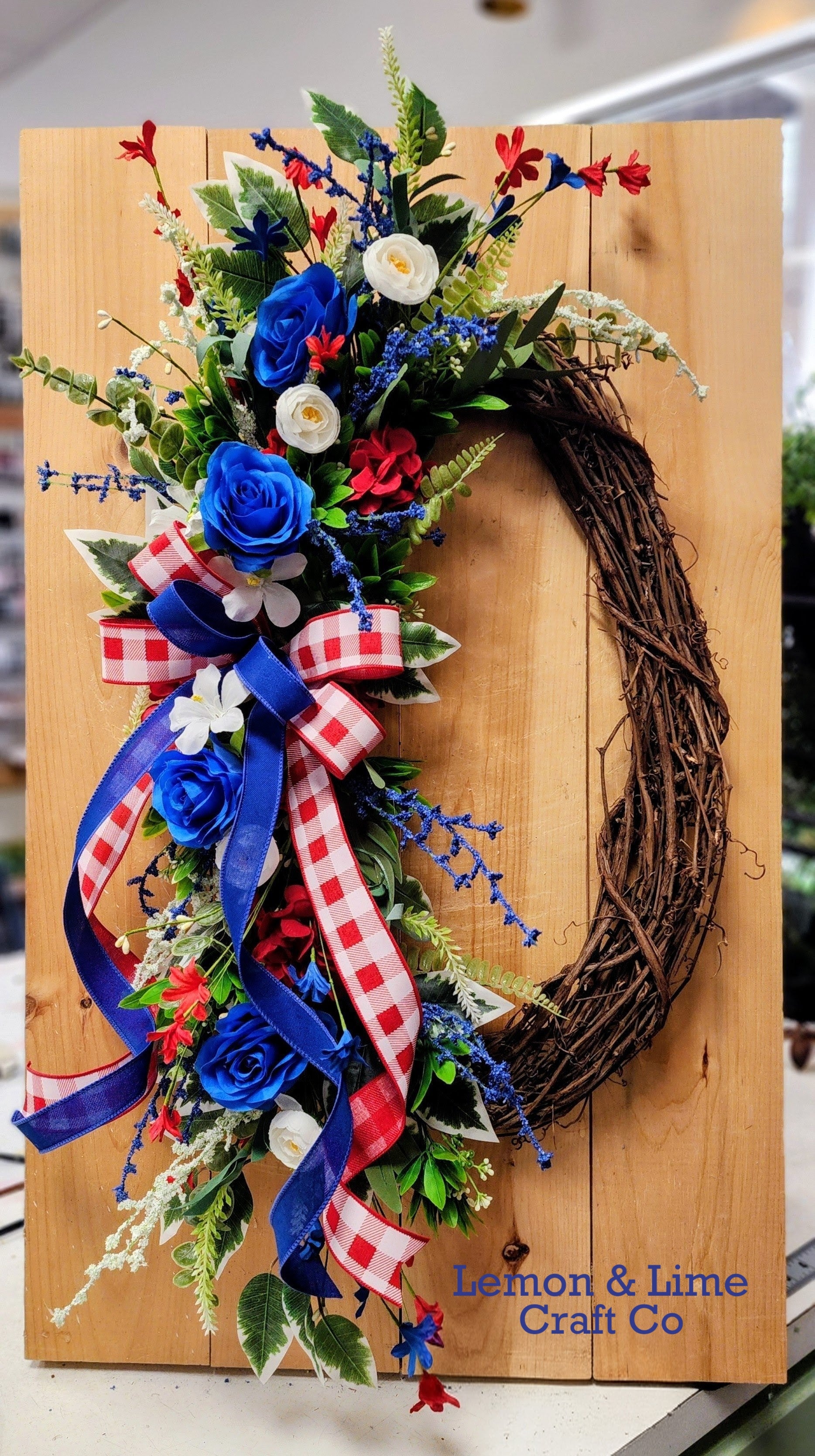 Large Floral Patriotic Oval Grapevine Wreath