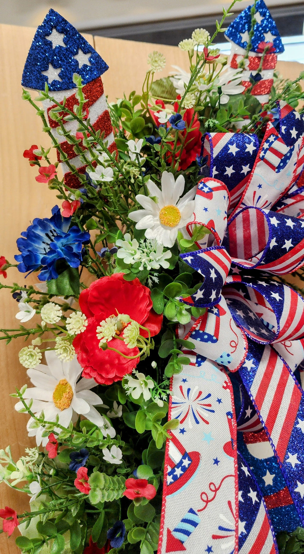 Patriotic Floral and Firework Grapevine Wreath