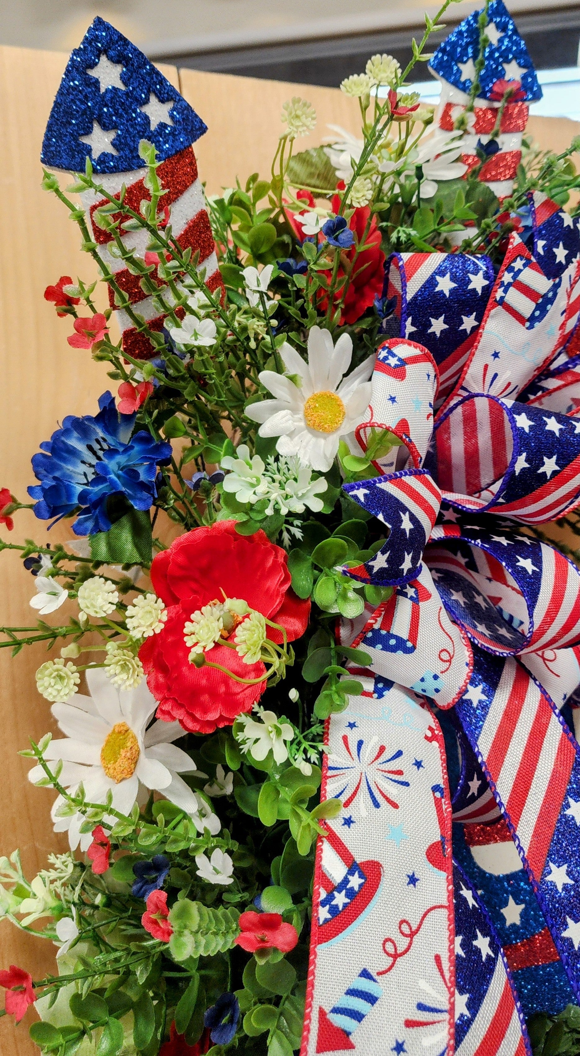 Patriotic Floral and Firework Grapevine Wreath