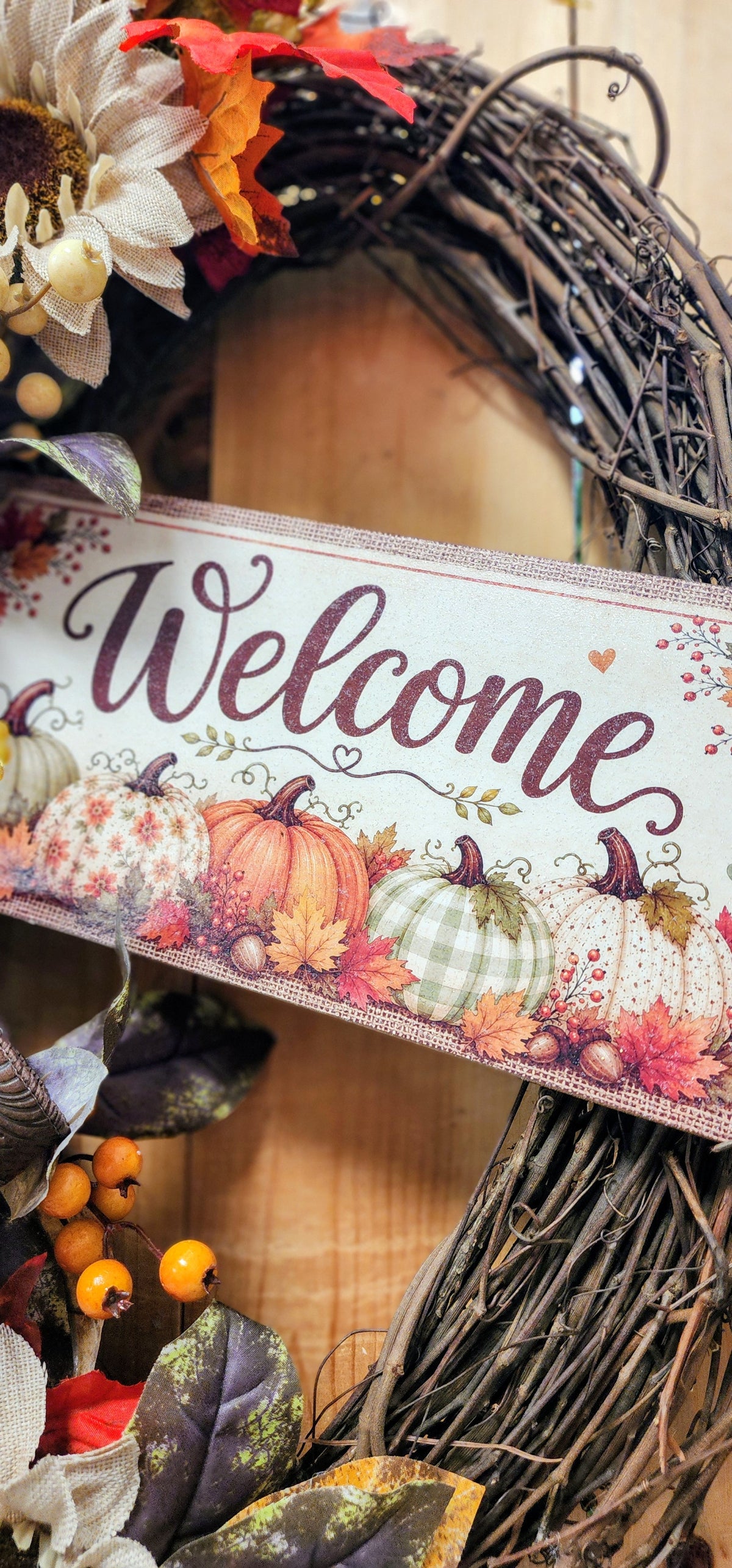 Oval Burlap Accent Fall Floral Grapevine Wreath