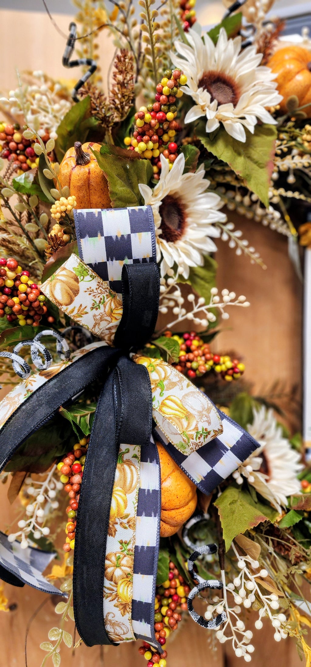 Black and White Plaid Fall Floral Grapevine Wreath with Bow