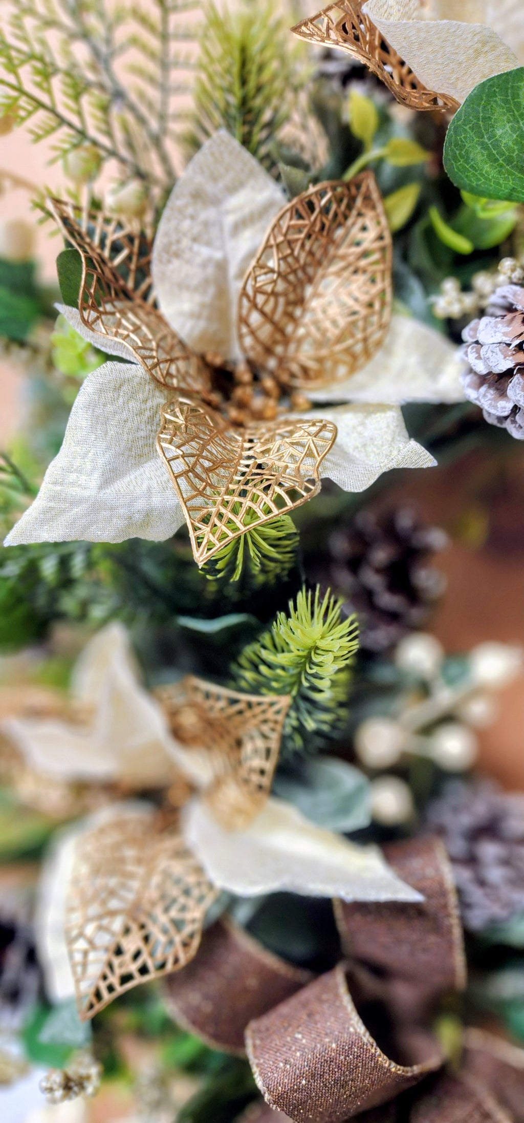 Warm Winter Chocolate & Gold Poinsettia Grapevine Wreath