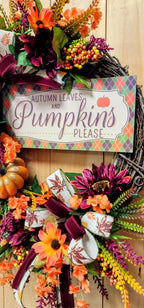 Orange and Maroon Fall Floral Grapevine Wreath