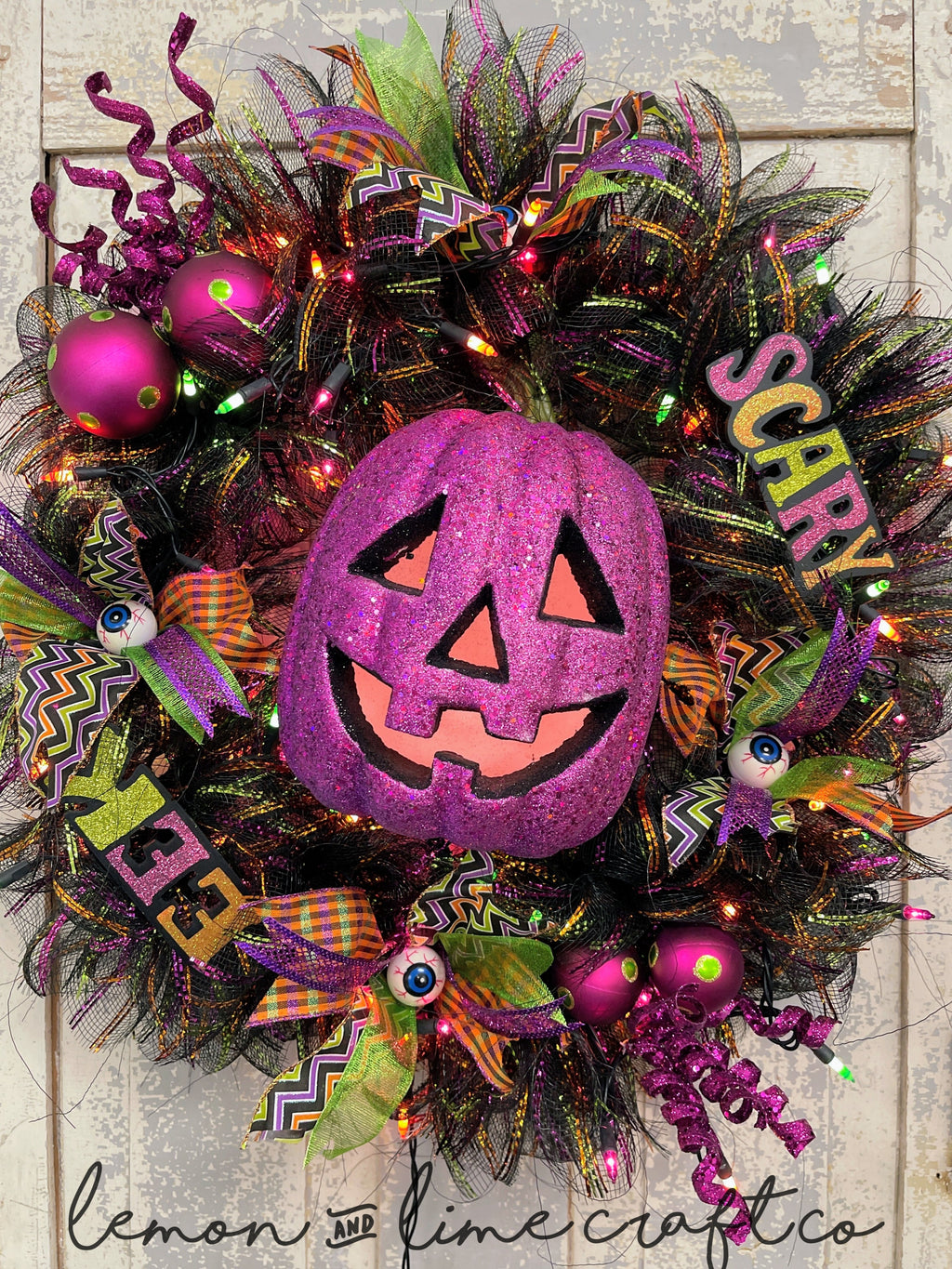 Purple Pumpkin Lighted Halloween Wreath