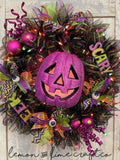 Purple Pumpkin Lighted Halloween Wreath