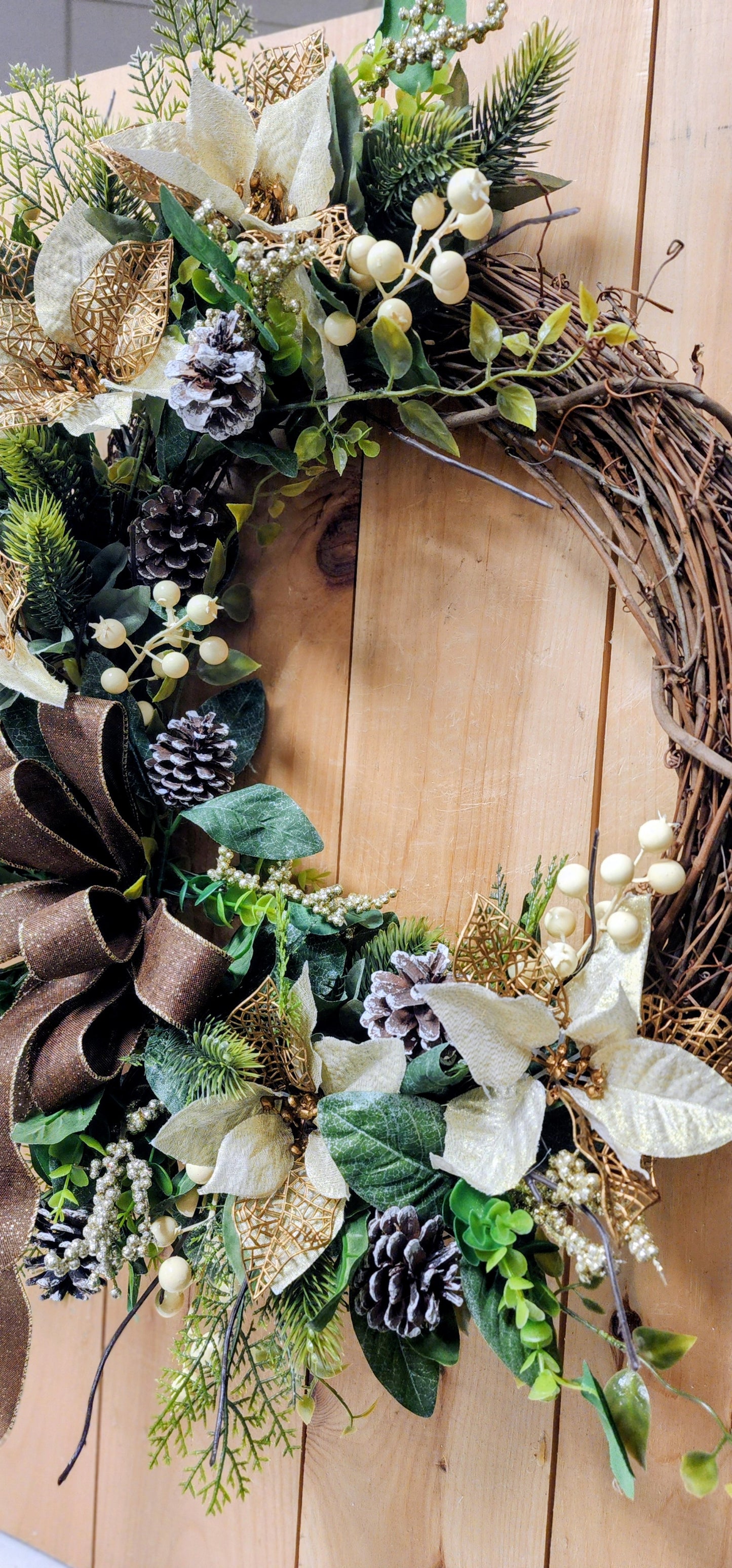 Warm Winter Chocolate & Gold Poinsettia Grapevine Wreath