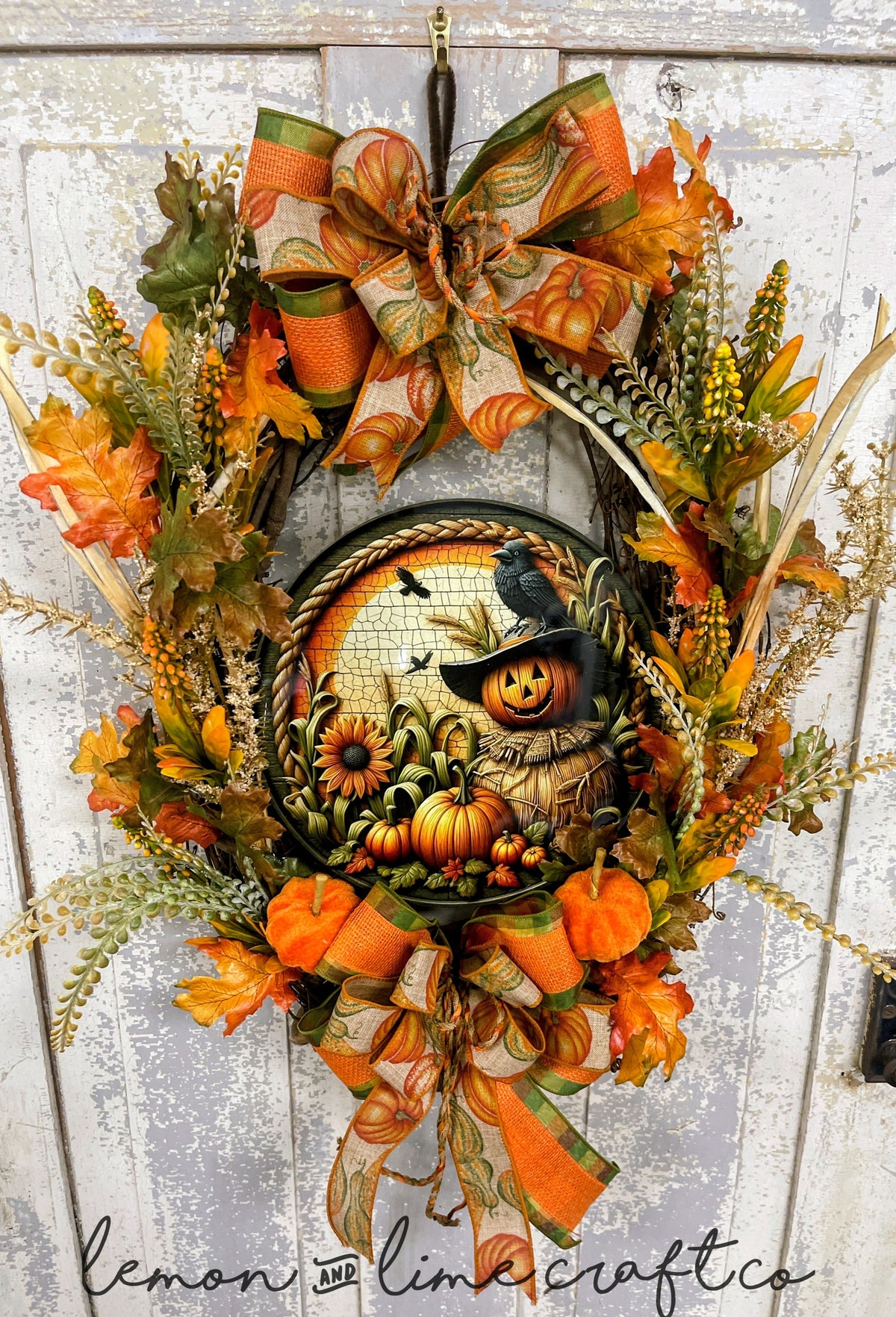 Small Pumpkin Scarecrow Fall Grapevine Wreath with Double Bows