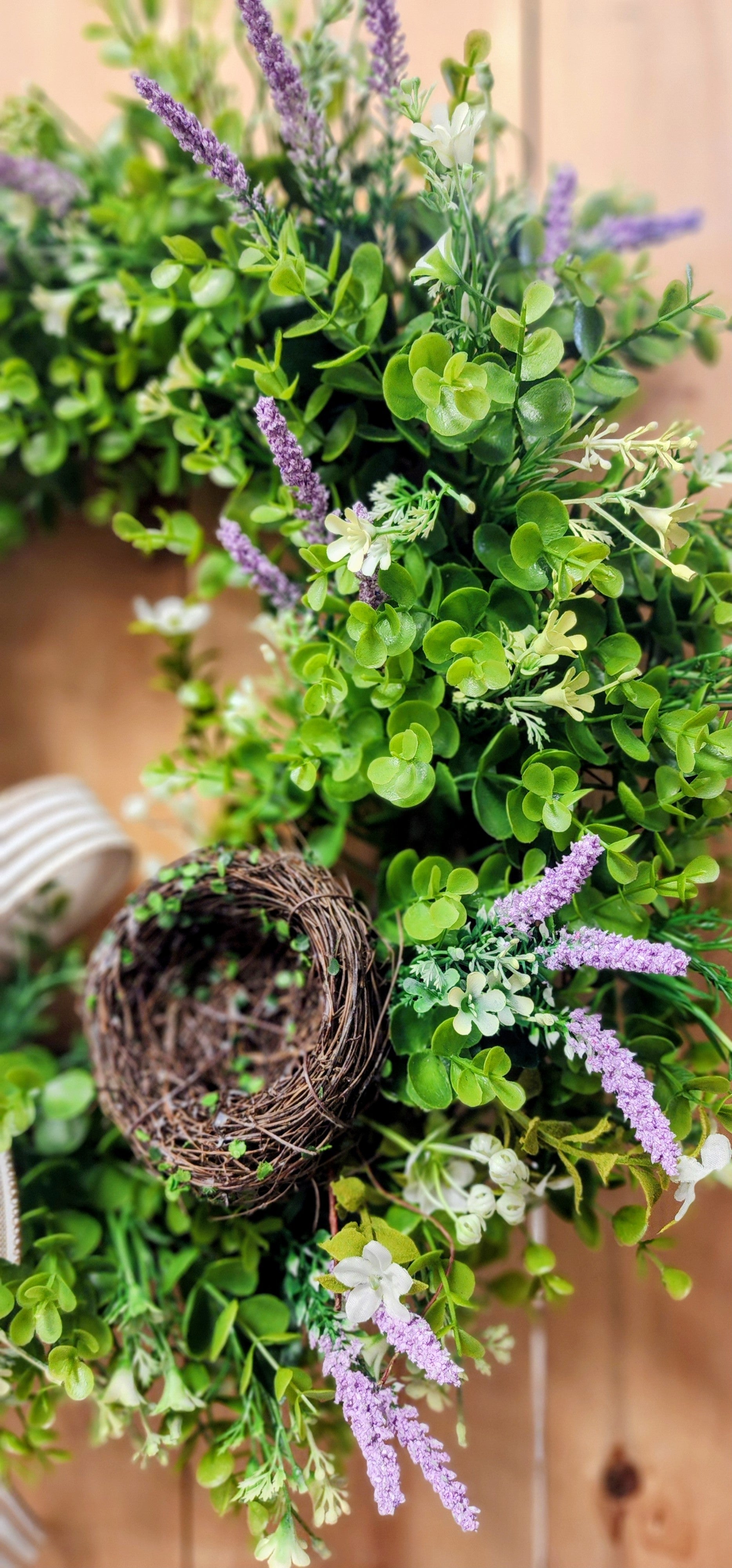 Boxwood Lavender Wreath with Nest and Bow