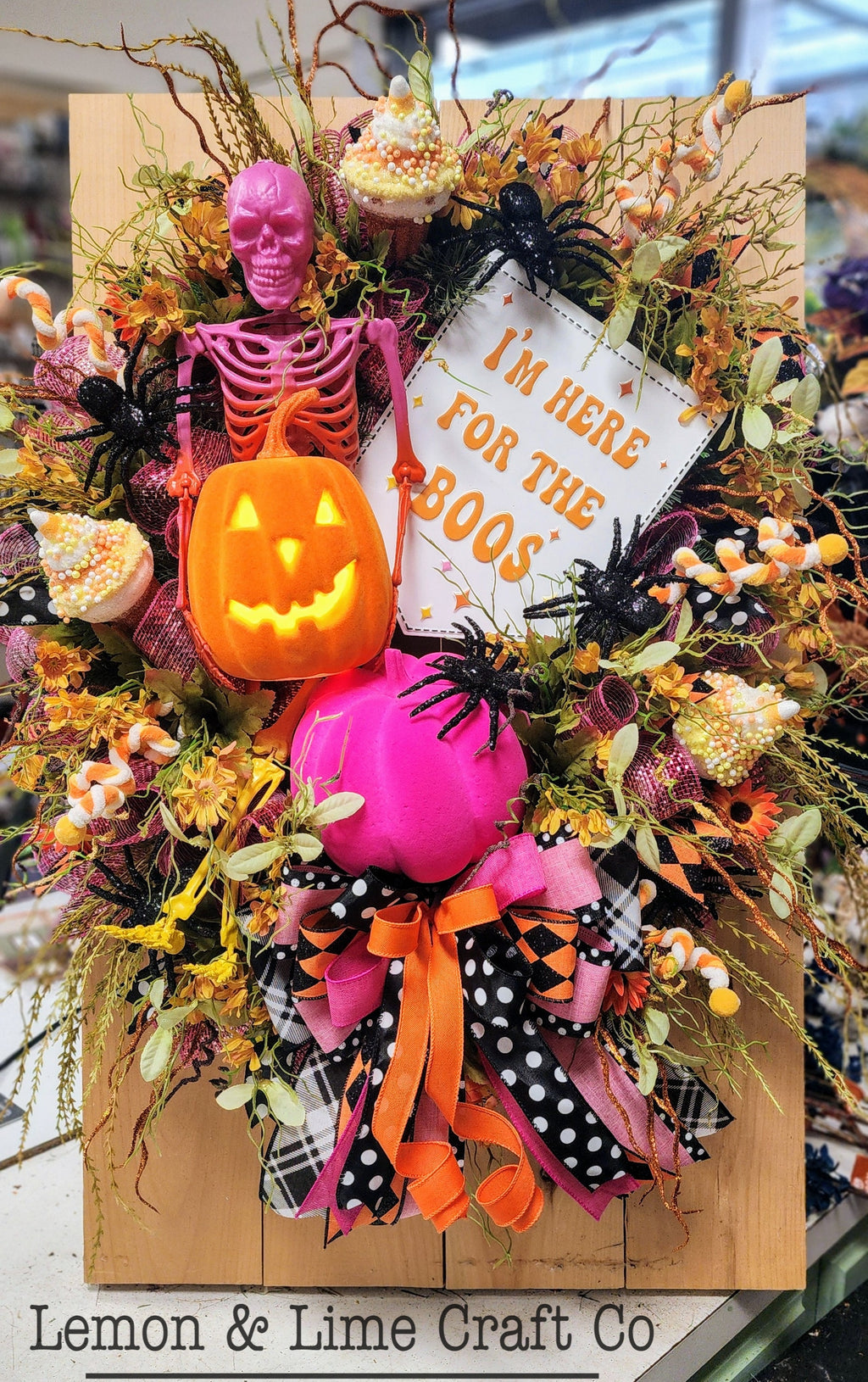 Pink Skeleton Boos Halloween Wreath