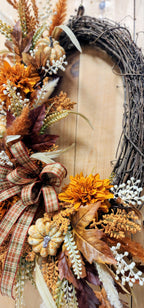 Crescent Fall Floral Grapevine Wreath with Bow