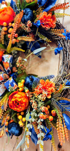 Blue & Orange Fall Floral Grapevine Wreath